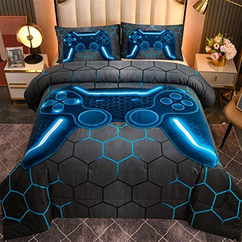 NTBED Game Console Comforter Set for Boys Girls Kids 3D Gaming Geometric Lightweight Microfiber Bedding Set (niebieski, Queen)