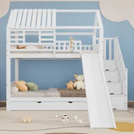 Łóżka dla dzieci i młodzieży - Łóżko piętrowe 2 x 90 x 200 cm z 4 drzwiami, 2 szufladami i prowadnicą - Sosna + MDF - Białe (Materace nie są wliczone w cenę) - miniaturka - grafika 1