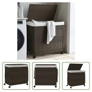 The Living Store Kosz na pranie z kółkami Ciemnobrązowy 60x35x60,5 cm Rattan - Kosze na bieliznę - miniaturka - grafika 1