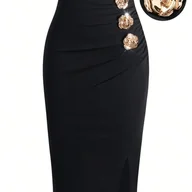 Spódnice - TEMU Elegancka damska spódnica midi z wysokim stanem i kształtem A z detalami guzikowymi - dopasowana, jednokolorowa, z rozcięciem, poliestrowa, na - miniaturka - grafika 1