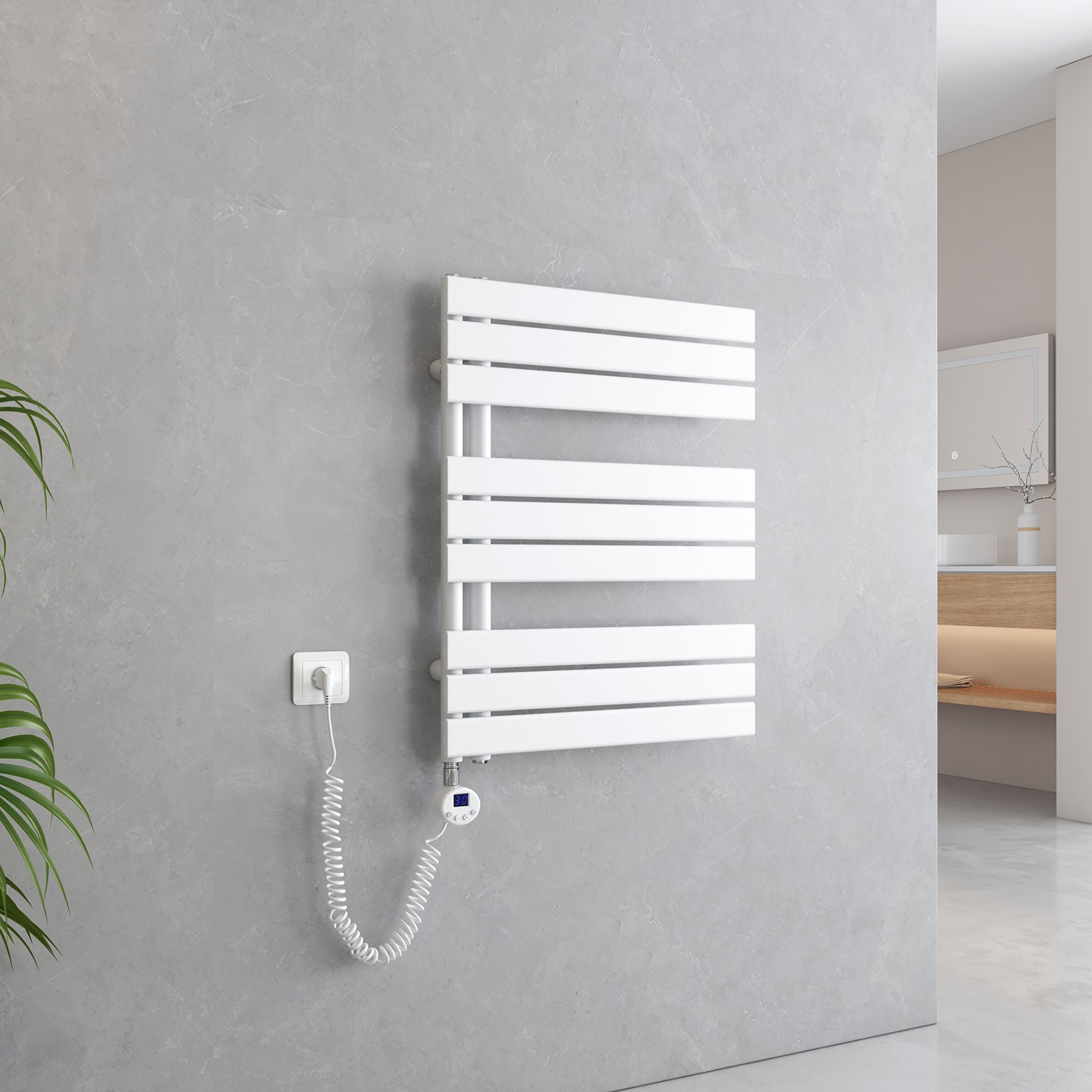 EMKE Suszarka do ręczników Elektryczny asymetryczny grzejnik łazienkowy z termostatem czasowym Podgrzewacz ręczników 762 x 600 mm Biały grzejnik łazienkowy z prętem grzewczym 400 W