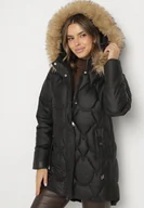 Kurtki damskie - Czarna Pikowana Kurtka z Kapturem z Futerkiem Oliresa - miniaturka - grafika 1