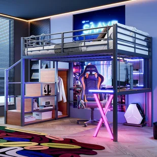 Łóżko antresolowe 140 x 200 cm z biurkiem, szafą, półkami - Oświetlenie ambientowe - Metalowe - Czarne (bez materaca) - Łóżka dla dzieci i młodzieży Łóżko antresolowe 140 x 200 cm z biurkiem, szafą, półkami - Oświetlenie ambientowe - Metalowe - Czarne (bez materaca) - Łóżka dla dzieci i młodzieży - miniaturka - grafika 1