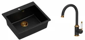 Zlewozmywaki z baterią - Quadron Zlewozmywak granitowy jednokomorowy 57*50*22 cm MORGAN 110 PURE CARBON czarny z miedzianym odpływem z baterią RACHEL Q LINE PURE CARBON kolor czarny mat/ wykończenie miedź - miniaturka - grafika 1