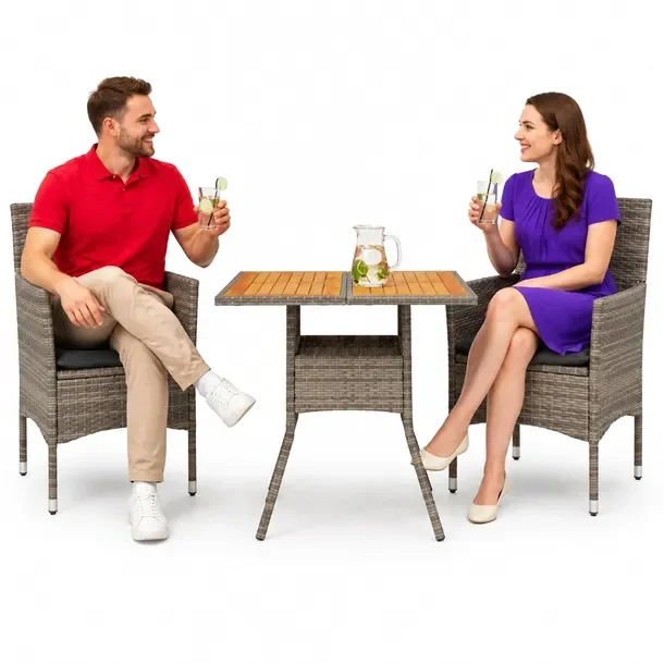Zestaw Mebli Ogrodowych Rattan PE Szary: Stół 80x80x75cm, 2x Krzesło 53x