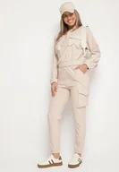 Bluzy sportowe damskie - Beżowy Komplet Dresowy w Stylu Cargo Bluza na Suwak i Joggery Sitene - miniaturka - grafika 1
