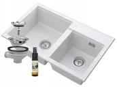 Zlewozmywaki - Granitan Zlew Dwukomorowy Biały Granit Syfon Chrom Hektor - miniaturka - grafika 1