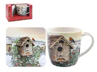 Kubki - KUBEK PORCELANOWY z PODKŁADKĄ Robins - Zimowe Rudziki - miniaturka - grafika 1