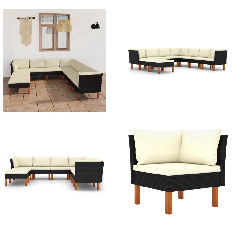 vidaXL 9-częściowy zestaw wypoczynkowy do ogrodu z poduszkami z czarnego rattanu - Zestaw sof ogrodowych - Zestawy sof ogrodowych - Zestawy mebli ogrodowych - Zestawy mebli ogrodowych