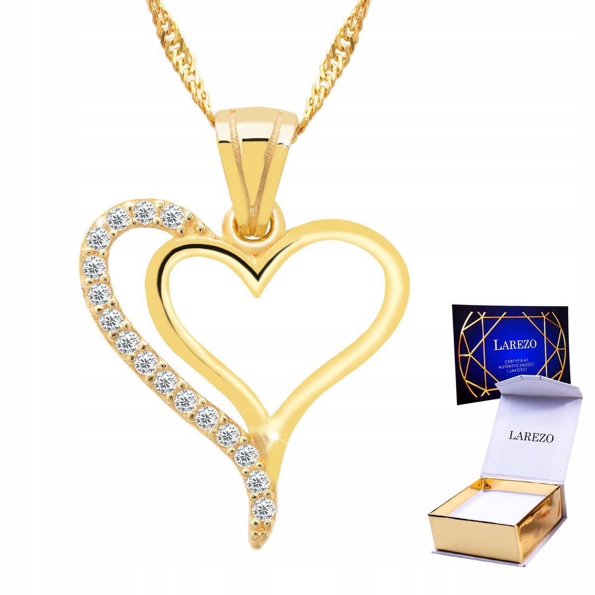 Złoty Naszyjnik 925 Podwójne Serce Miłość Love z Cyrkoniami Dwa Serca