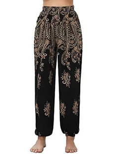 Irevial Damskie spodnie haremki, styl hippie, bawełniane, plażowe, do jogi, pilatesu, letnie spodnie w stylu boho, spodnie rekreacyjne, z nadrukiem pawia, Czarny Cashew, XXL - Spodnie damskie - miniaturka - grafika 1