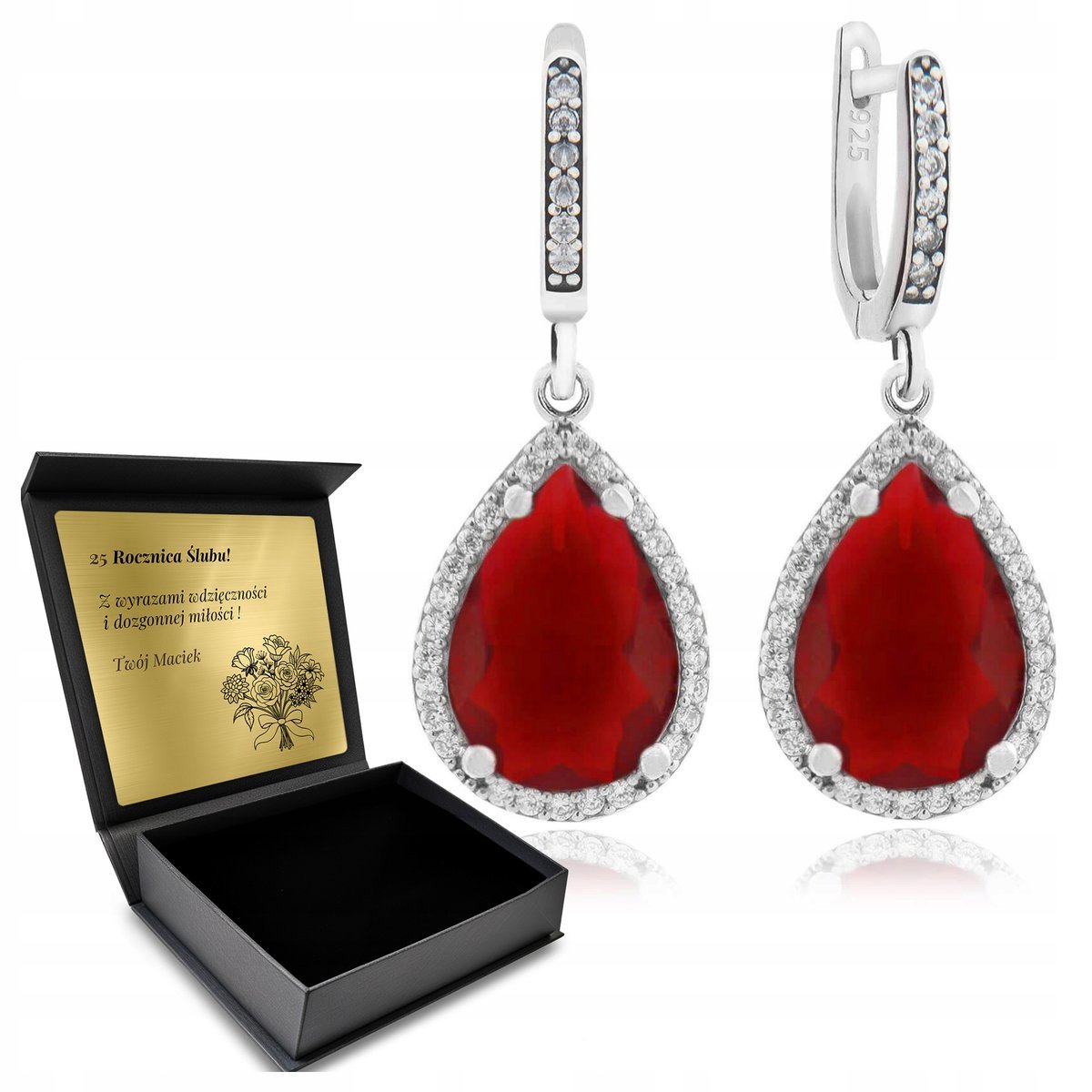 Kolczyki Srebrne 925 Cyrkonie I Rubin Biżuteria Dla Kobiety + Grawer