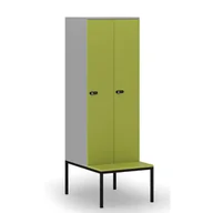 Szafy biurowe - Drewniana szafa ubraniowa z ławką, 2-drzwiowa, 1871 x 600 x 500/800 mm, zamek mechaniczny z kodem, szary/zielony - miniaturka - grafika 1