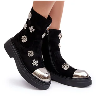 S.Barski Zamszowe Ocieplane Botki Z Ozdobami D&A MR870-14 Czarne - Botki damskie - miniaturka - grafika 1