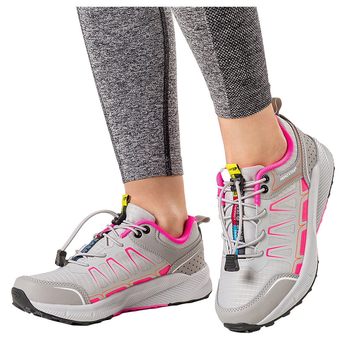 Szare buty sportowe trekkingowe damskie na podeszwie ze żłobieniami z regulowaną elastyczną sznurówką Casu 2505-8W-41