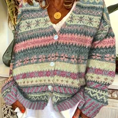 Swetry damskie - TEMU Elegancki, paskowany kardigan damski - luźny, z kolorowymi blokami i wzorami gwiazd, długi rękaw na jesień i zimę, stylowy kardigan Sweter z - miniaturka - grafika 1