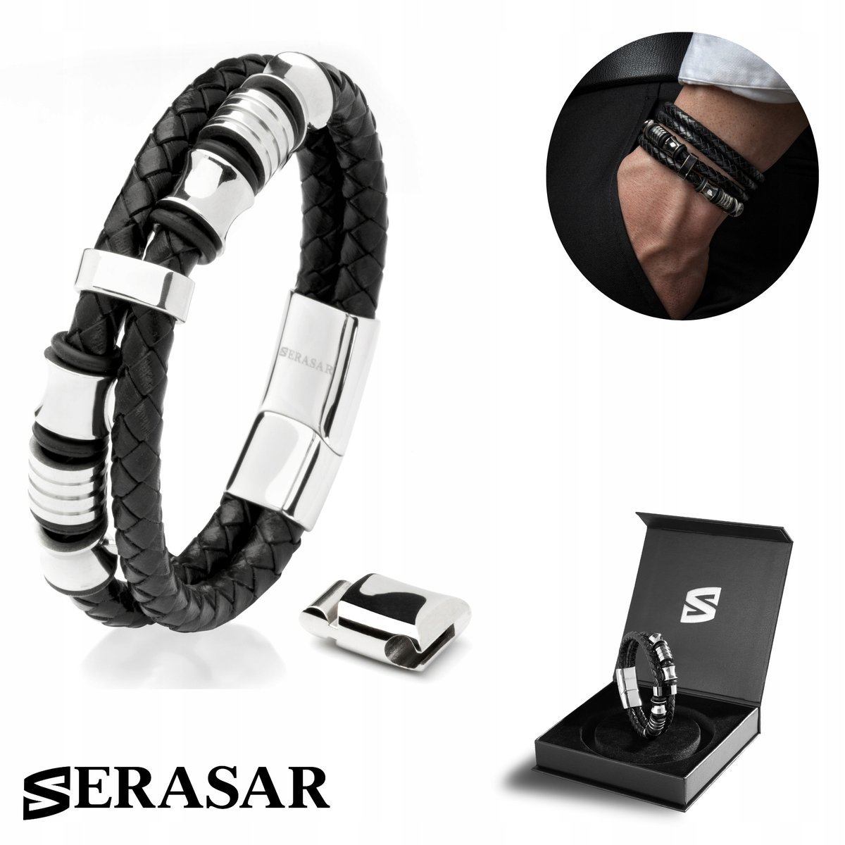 SERASAR męska skórzana bransoletka [Spirit] - srebrna 17 cm - ze stalowym zapięciem magnetycznym - w zestawie pudełko prezentowe