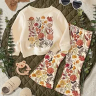 Spodnie i spodenki dla dziewczynek - TEMU Jesienny i zimowy zestaw bluzy i spodni dla dziewczynek z kwiatowym nadrukiem, długie spodnie typu "bell bottom", dwuczęściowy strój, codzienna - miniaturka - grafika 1