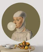 Tapety - Mural DOTS Kobieta z Gumą Balonową OLIWKOWY- okrągła dekoracja ścienna - miniaturka - grafika 1