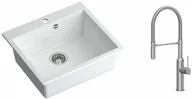 Zlewozmywaki z baterią - Quadron Zlewozmywak granitowy jednokomorowy 57*50*22 cm MORGAN 110 SNOW WHITE ze stalowym odpływem z baterią MARILYN Q LINE z ruchomą wylewką kolor stal szczotkowana - miniaturka - grafika 1