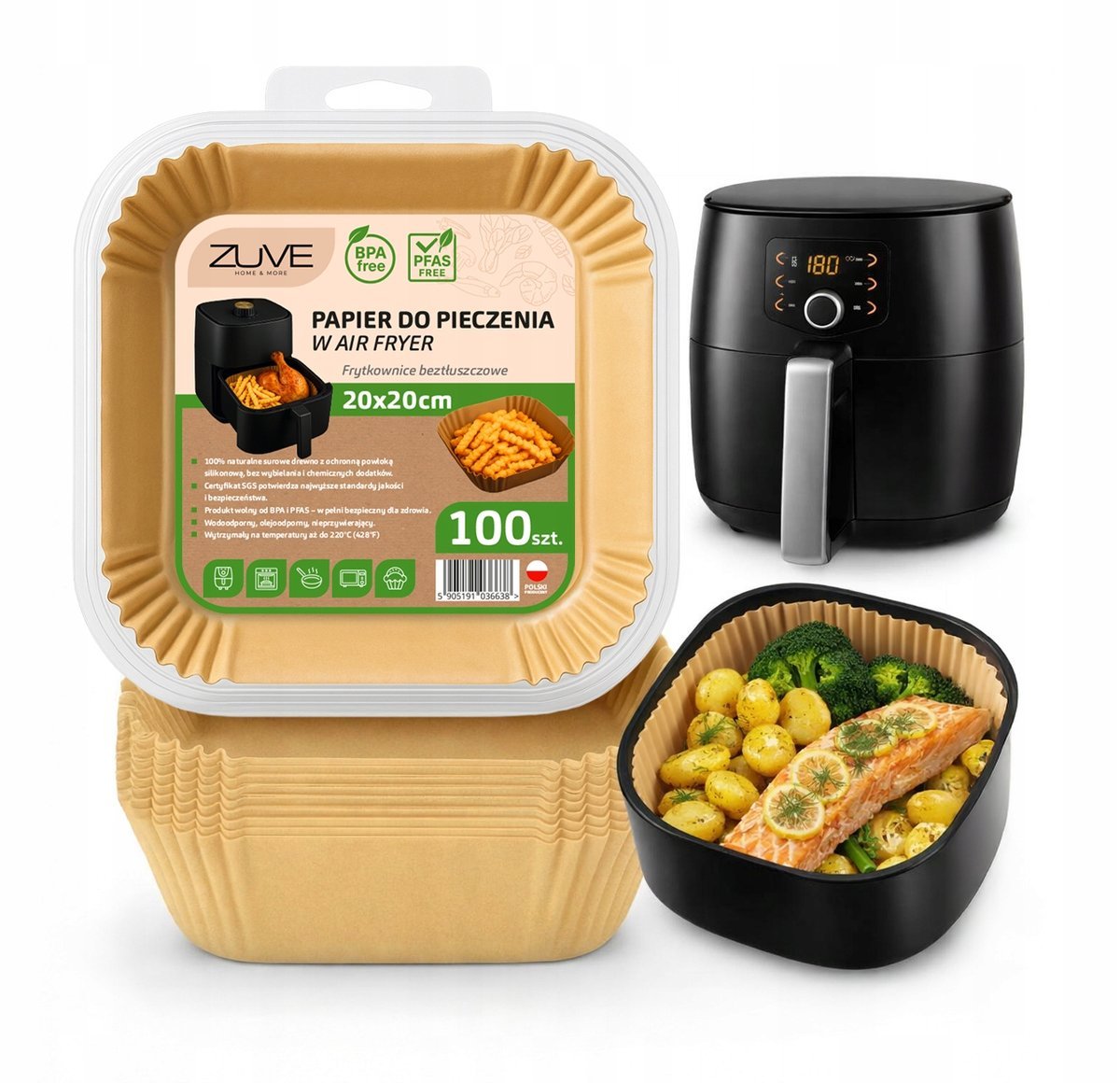 Wkład AIR FRYER 100 sztuk ZUVE wkłady papierowe do frytkownicy 20x20