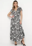 Sukienki - Czarna Rozkloszowana Sukienka Maxi z Luźnym Rękawem w Kwiatowy Print Oxeria - miniaturka - grafika 1