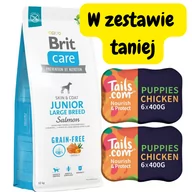 Sucha karma dla psów - BRIT CARE Dog Grain-free Junior Large Breed Salmon 12kg + Tails.com Puppy 65% mięsa 400g - miniaturka - grafika 1