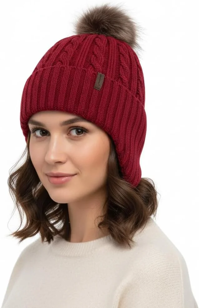 CZAPKA DAMSKA Z WEŁNY MERINO Z POMPONEM I PODSZEWKĄ POLAROWĄ
