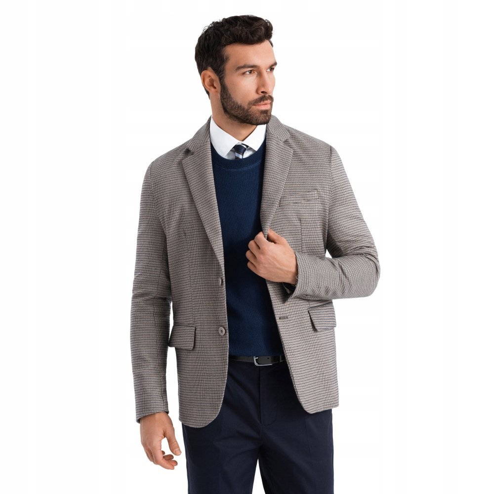 Marynarka męska casual w delikatną kratkę brązowa V1 OM-BLZB-0116 M