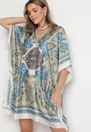 Swetry damskie - Beżowe Lekkie Ponczo Narzutka z Jedwabiu i Wiskozy w Ornamentalny Wzór Azendia - miniaturka - grafika 1