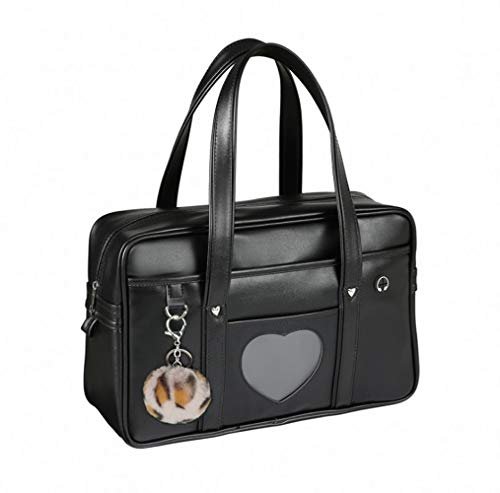 Chillpaper Duża japońska torba na ramię, torba na ramię ze sztucznej skóry Kawaii z różowym pomponem w panterkę (A3 duży rozmiar, czarne okno w kształcie serca), czarna, A3 duży rozmiar, Czarny, L,