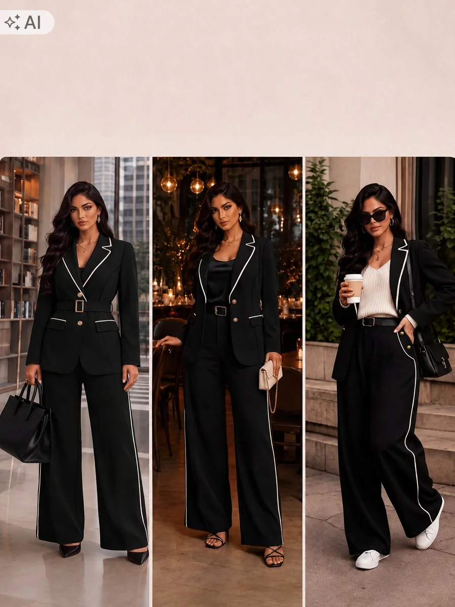SHEIN CZARNE ELEGANCKIE SPODNIE PALAZZO Z BIAŁĄ PIPINGĄ 46 1ŁA