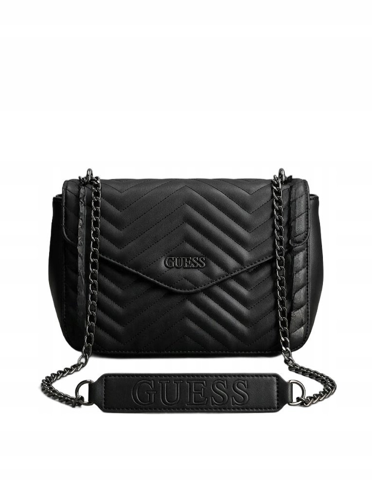 GUESS CZARNA PIKOWANA LISTONOSZKA Z NAKŁADKĄ I ŁAŃCUSZKIEM 18x7x6 1GŁA