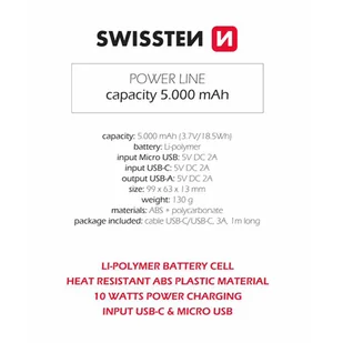 SWISSTEN, Powerbank, POWER LINE, Li-Pol, 5V, do ładowania telefonów i innych urządzeń, 22013910, 5000mAh, microUSB, USB-A, USB-C, - Powerbanki - miniaturka - grafika 5