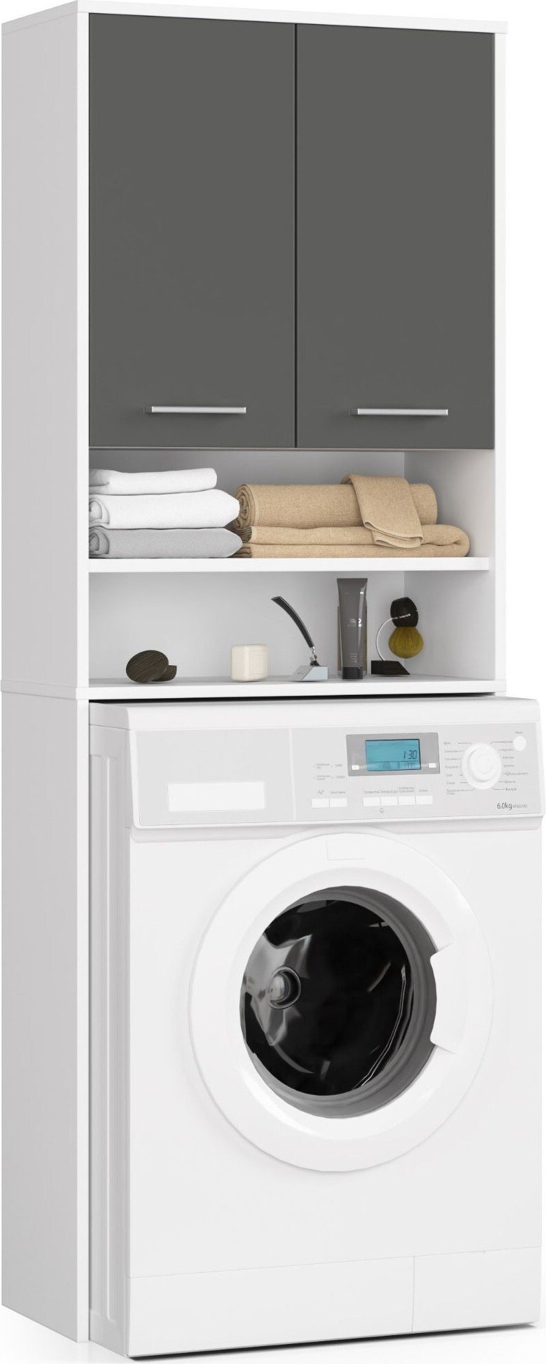 Szafka łazienkowa nad pralkę: dwoje drzwi, cztery półki, kolor: biały grafitowo-szary, wymiary mebla: szer. 64 cm, wys. 180 cm, gł. 30 cm