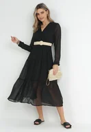 Sukienki - Czarna Sukienka z Kopertowym Dekoltem i Plecionym Paskiem Dirmi - miniaturka - grafika 1