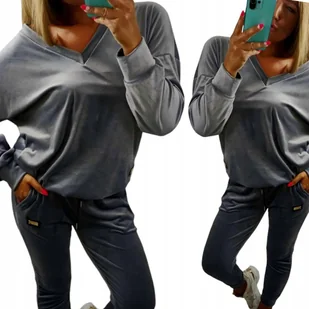 Dres WELUROWY komplet mięsisty przez głowę wygodny ciepły 50 52 5XL GRAFIT - Dresy damskie - miniaturka - grafika 1