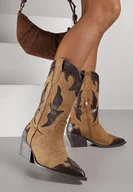 Kozaki damskie - Brązowe Kozaki Typu Kowbojki na Stożkowym Obcasie Ozdobione Tłoczeniem Astille - miniaturka - grafika 1