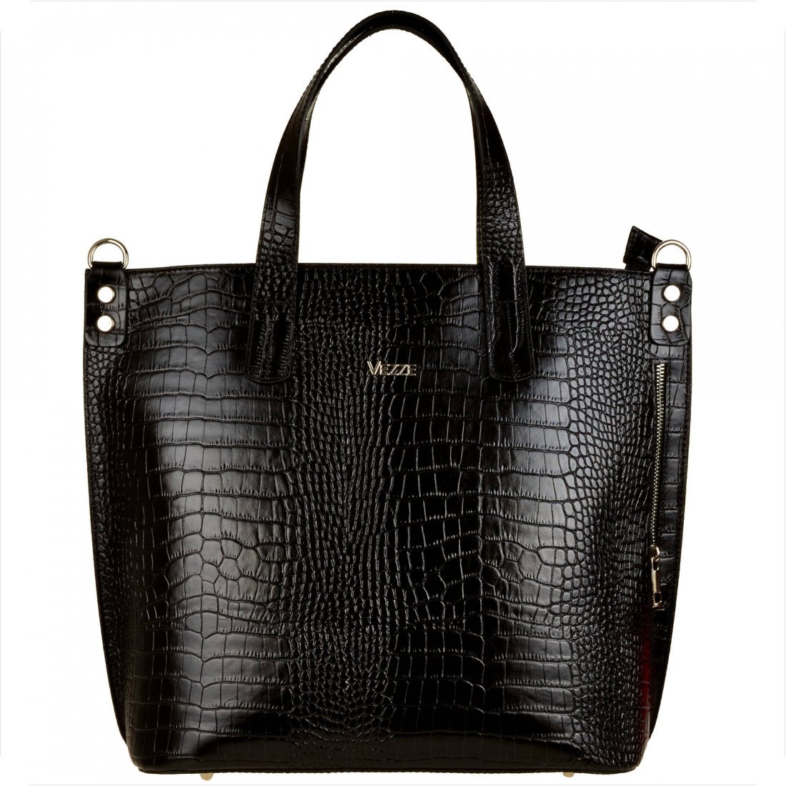 Vezze torba skórzana shopper bag czarna wzór wężowej skóry