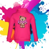 Bluzy dla dziewczynek - Bluza dziecięca typu kangurka z kapturem w kolorze różowym z nadrukiem miś Love 10 lat - miniaturka - grafika 1
