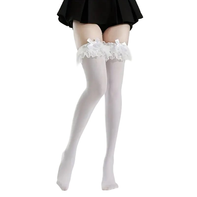 Skarpetki Pończochy z Koronką i Kokardą Białe