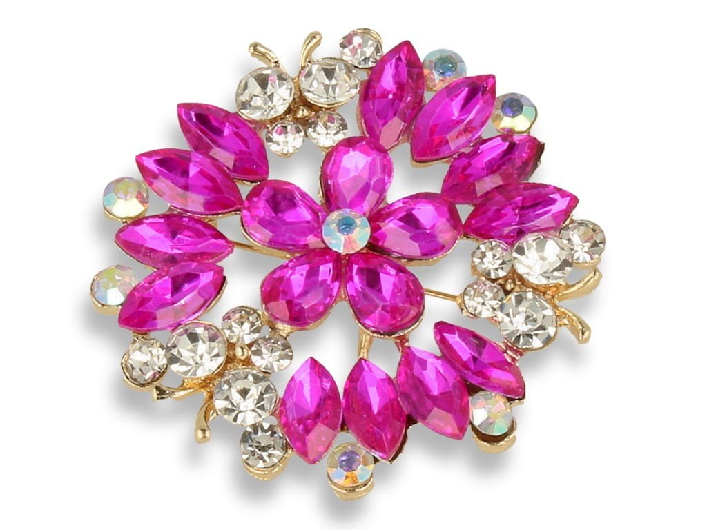 Broszka Damska Złota Z Różowym Kwiatem I Motylkami