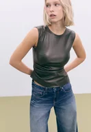 Koszule damskie - Stradivarius Top bez rękawów ze sztucznej skóry Butelkowo-zielony XS - miniaturka - grafika 1