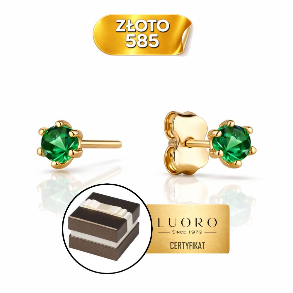 KOLCZYKI ZŁOTE 585 14K ZIELONA CYRKONIA KÓŁKO SZTYFT 3 CM ELEGANCKIE
