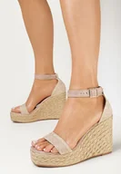 Sandały damskie - Ciemnobeżowe Sandały na Koturnie i Platformie ze Sznurka Jutowego Ignie - miniaturka - grafika 1