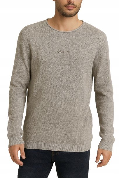 GUESS SZARY BAWEŁNIANY SWETER MĘSKI Z OKRĄGŁYM DEKOLTEM L GNA