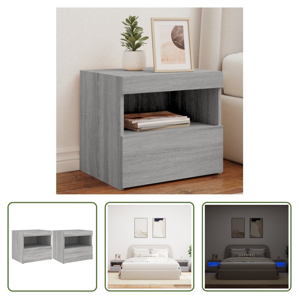 The Living Store Szafki nocne z oświetleniem LED 2 szt. Szara Sonoma 50x40x45 cm