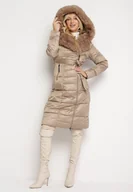 Kurtki damskie - Beżowa Pikowana Kurtka za Kolano z Ozdobnym Futerkiem Velveti - miniaturka - grafika 1