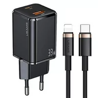 Ładowarki do telefonów - USAMS Ładowarka sieciowa 1xUSB-C+1xUSB T43 33W PD3.0 +QC3.0  + kabel U63 USB-C na lightning czarny/black USKTZ01 - miniaturka - grafika 1
