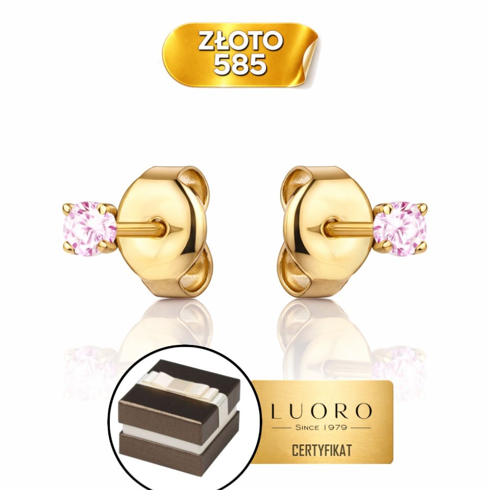 KOLCZYKI ZŁOTE 585 14K KWADRAT RÓŻOWA CYRKONIA SZTYFT 2 CM ELEGANCKIE